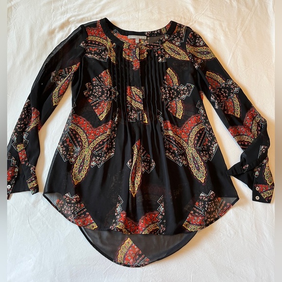 Daniel Rainn Split Neck Long Sleeve Sheer Tunic Blouse Black Scarf Print Size M - Picture 5 of 9